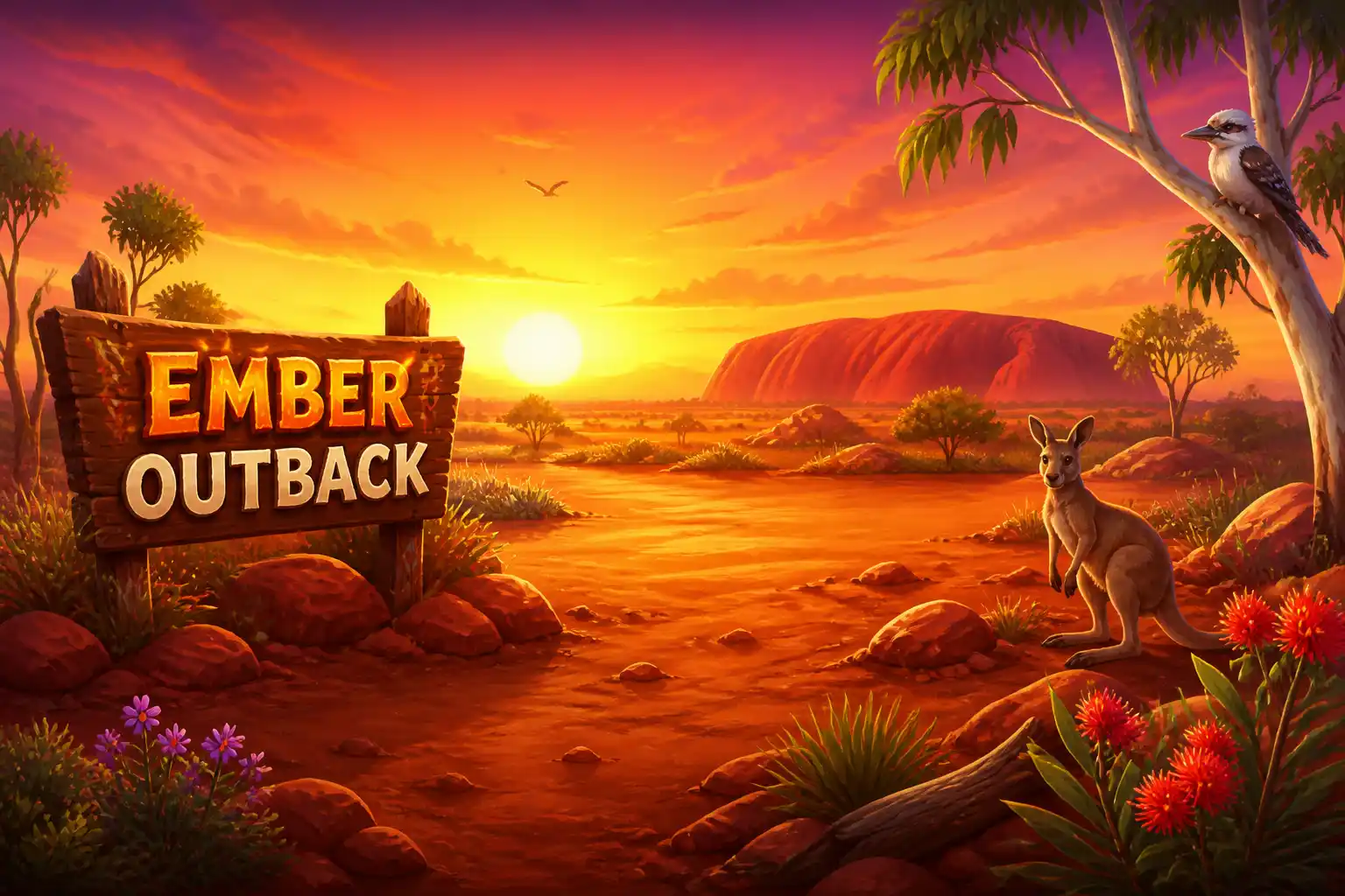 Stylised outback clearing with warm sunset tones representing the Ember Outback game world