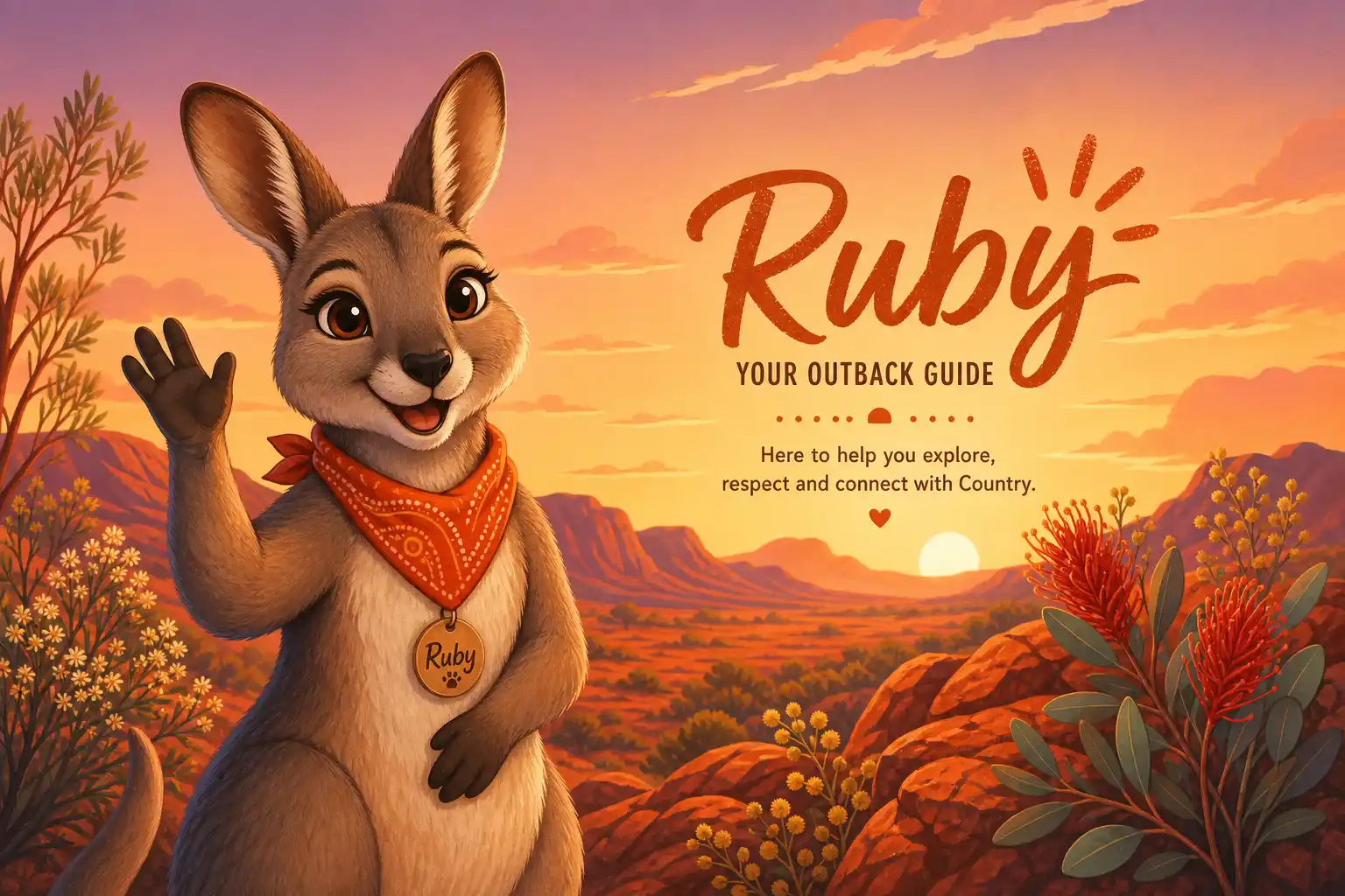 Ruby the rock-wallaby guide mascot waving beside outback shrubs